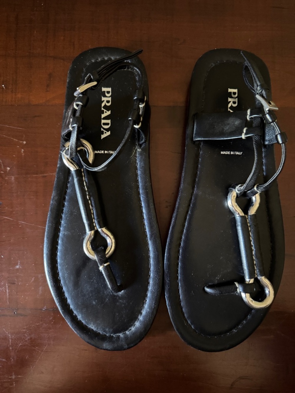 PRADA Black Leather Sandal with Gold Ring Accents - Vintage